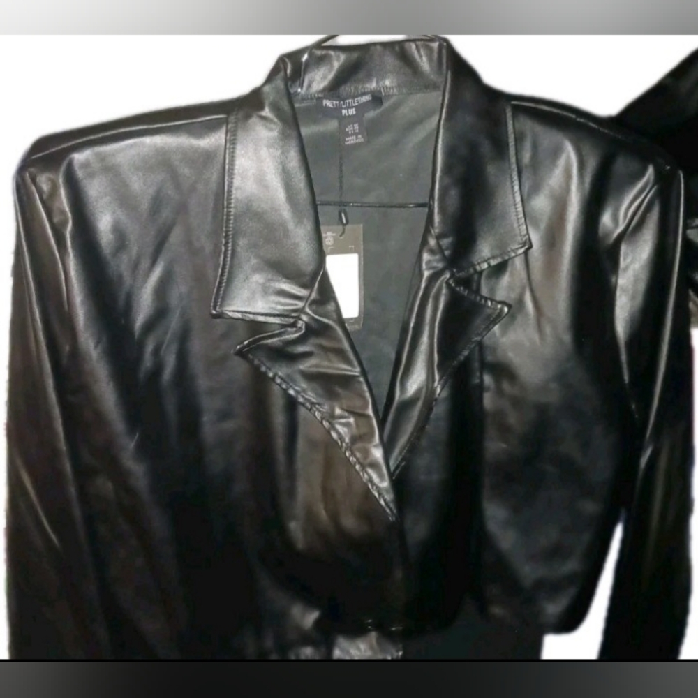 PrettyLittleThing Black Boxy Faux Leather Cropped Blazer Sz 16 & Pants Sz 18 NWT